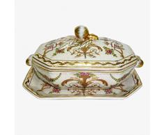 Better & Best P Vaso Oro Sopera in Ceramica, ottagonale, con manici in bronzo, con coperchio e piatto, decorato con motivi floreali, dimensioni 20 x 13 x 10 cm