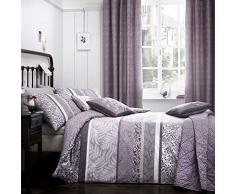 Dreams n Drapes bande di orizzontale Hanworth Drawn foglie e righe reversibile set copripiumino, poliestere, colore: viola, Doppio