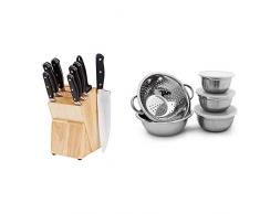 AmazonBasics - Set Premium di coltelli con ceppo, 9 pezzi & Relaxdays 10019118 Set 5 Ciotole in Acciaio Inox con Coperchio Salvafreschezza & Scolapasta, Inossidabile, Argento, 30x24x10 cm, 5 unitÃ 