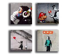 Quadri Moderni stile BANKSY murales 4 pezzi 30x30 cmStampa su Tela CANVAS Arredamento Arte Astratto XXL Arredo soggiorno salotto camera da letto cucina ufficio bar ristorante