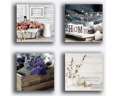 Quadri Moderni Shabby Chic Camera da Letto Vintage Fiori 4 Pezzi 30x30 cm XXL Stampa Tela Quadro Moderno Arredamento Arredo Salotto Camera da Letto Cucina Ufficio estetista