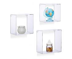 Relaxdays 10022592_187 Set 3 Mensole da Parete in Acrilico, Quadrate, da Appendere, Varie Misure, Trasparente
