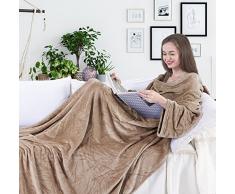 DecoKing - Coperta per TV, 170 x 200 cm, in Microfibra, con Maniche e Tasche, Coperta in Microfibra e Pile, Morbida e Morbida, Poliestere, Beige, 170 x 200 cm