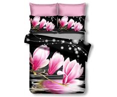 decoking Premium 00908Â Copripiumino matrimoniale 200Â x 220Â cm con 2Â federe 80Â X 80Â microfibra 3d nero completo letto lenzuola fiori motivo floreale bianco bianco nero rosa amaranto Pink Lulu Dia