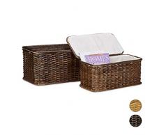 Relaxdays Set da 2 Cestini Rettangolari, Intrecciati, Impilabili, Rivestimento Interno Rimovibile, Traspiranti, Rattan, Mogano, 29,5x50x26 cm