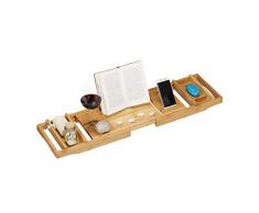 Relaxdays Bath Caddy Mensola per Vasca da Bagno in bambÃ¹ 109 cm, Allungabile, Calice, Porta-Saponetta, Grigio, Naturale, 6 x 109 x 23 cm