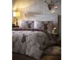 DE CAMA, Set Copripiumino Matrimoniale, Motivo Tartan con Cervi, Colore: Neutro/Marrone.