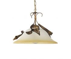ONLI Lampada a Sospensione Lucrezia in Metallo Marrone spennellato Oro e Vetro Bianco sfumato Ambra, Bronzo