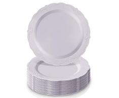 SERVIZIO DA TAVOLA MONOUSO PER FESTE 20 PZ | Piatti di Plastica Resistente | 20 Piatti | Stile Porcellana Fine ed Elegante | per Cene e Matrimoni Raffinati (Collezione Vintage - Bianco | 26 cm)