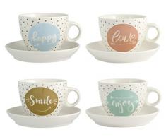 H&H Enjoy Set 4 Tazze tè con Piattino, Porcellana, Assortite, 230 ml