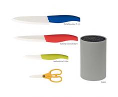 HABI 9746100 Ceppo polipropil Tondo 3 coltelli Ceramica Forbice Utensili da Cucina, Grigio/Multicolore