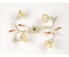 ONLI Lucrezia - Plafoniera / Lampada da soffitto 4 luci. Metallo avorio spennellato oro, vetri bianchi a forma di calla con sfumatura ambra.