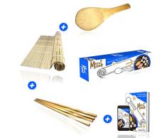 Merci Myself - Kit per sushi e maker Sushi kit-Sushi Maker in bambÃ¹ naturale + 2 paia di bacchette + cucchiaio in bambÃ¹ + regalo: ebook da 100 pagine e 23 ricette, kit fai da te e cucina facile