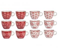 H&H Grace Set 12 Tazze tè, Porcellana, Rosso/Bianco, 230 ml