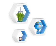 Relaxdays 10021897_361 Set 3 Mensole da Parete, Esagonali, Decorative, Legno MDF, per Soggiorno, Cameretta, Bianco-Blu