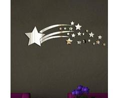 WALPLUS - Set di specchi adesivi da parete, motivo tridimensionale a forma di stelle, colore argento