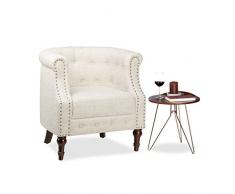 Relaxdays Poltrona Stile Vintage Design Chesterfield Fodera in Stoffa Borchie Sedia Imbottita Comoda, Legno, Beige, HLP: 76x71x67cm