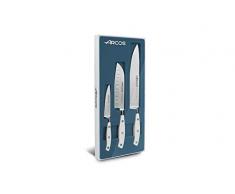 Arcos Serie Riviera Blanc - Set di Coltelli da Cucina 3 Pezzi (1 Spelucchino + 1 Santoku + 1 Coltello da Chef) - Acciaio Inossidabile Forgiato Nitrum - Manico Polioxymetilene (Pom) Colore Bianco