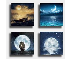 Quadri Moderni PANORAMA MARE 4 pezzi 30x30 cm luna tramonto Stampa su Tela Canvas Arredamento Arte Astratto XXL Arredo soggiorno salotto camera da letto cucina ufficio bar ristorante
