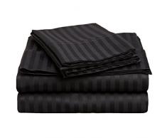 Superior - Set di Lenzuola 183 x 213 cm, da 4 Pezzi, in Cotone Genuino a 300 Fili, Tasche Profonde, Singolo Capo, Righe in Raso, Nero