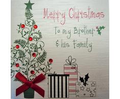 Bianco Carte Cotone Buon Natale a mio fratello e sua albero e regali a forma di mano Family Card
