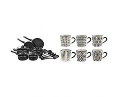 AmazonBasics - Batteria da cucina, 15 pezzi con rivestimento antiaderente & H&H Vhera Set 6 Tazzine CaffÃ¨, Stoneware, Bianco/Nero, 90 ml
