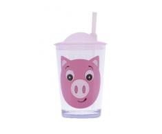 Epicurean Europe Friendly Faces - Bicchiere per Bambini con Coperchio e Cannuccia in Acrilico, Motivo: Maialino, 7,5 x 7,5 x 14,2 cm, Colore: Trasparente