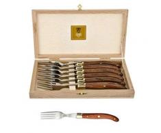 Laguiole Claude Dozorme 2.60.001.51 - Scatola con 6 forchette da bistecca con manici in legno esotico e giunti ottonati