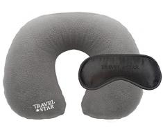 Travelstar - Cuscino cervicale Gonfiabile con Rivestimento in Pile (Grigio), con Mascherina da Notte (Nera) e Tappi per Orecchie