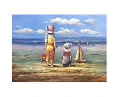 Legendarte C-77 Quadro Dipinto a Mano - Bambini che Giocano in Spiaggia, Olio su tela, Multicolore, cm. 50 x 70