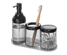 iDesign Beauty organizer per il bagno, Set da 4 pezzi porta cosmetici in plastica robusta, Dispenser sapone liquido, porta spazzolino, contenitore con coperchio, vassoio, nero