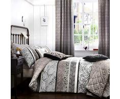 Dreams n Drapes Set Copripiumino Matrimoniale reversibile Hanworthâ, motivo con foglie disegnate in grigio, a righe, colore: Carbone, Charcoal, Super King Duvet Cover Set