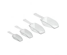 iDesign Set utensili cucina, Sessola alimentare di quattro misure diverse, Set da 4 cucchiaio dosatore in plastica per farina, spezie e altri alimenti, trasparente