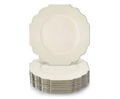 SERVIZIO DA TAVOLA DA FESTA MONOUSO 20 PZ | 20 Piattini | Piatti in Plastica Pesante | Elegante Look Porcellana | per Matrimoni e Cene di Classe (Collezione Barocca â Bordo Argento/Avorio | 21,5 cm)