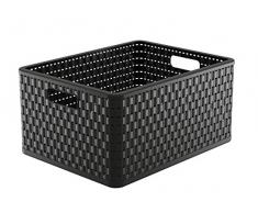 Rotho 1166808080 Cesta Country Effetto Rattan in plastica (PP), Contenitore di Design, capienza Circa 28 l, Formato A4+, Circa 43 x 33 x 21,5 cm, Nero