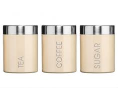 Premier Housewares, Set di 3 contenitori per tÃ¨, zucchero e caffÃ¨ con coperchio argentato e scritte in inglese, colore: Crema