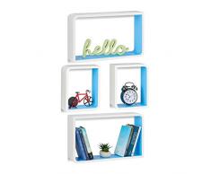 Relaxdays 10021891_361 Set 4 Mensole da Parete Rettangolari, Cubi in Design Moderno, per Libri, DVD e Decorazioni, Bianco-Blu