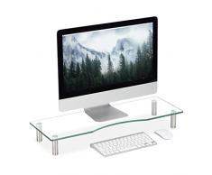 Relaxdays Supporto Monitor, Alzatina per TV, Standing Computer Desk, Rialzo Scrivania, Regolabile, 70x24 cm, Trasparente, Vetro, Acciaio Inox, Alluminio, 1pz