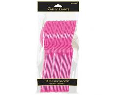 amscan International - Confezione da 20 cucchiai riutilizzabili in plastica, Colore: Rosa Brillante