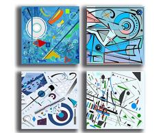 Quadri Moderni stile KANDINSKY blu celeste 4 pezzi 40x40 cm Stampa Tela CANVAS Arredamento Arte Astratto XXL Arredo per soggiorno salotto camera da letto cucina ufficio bar ristorante