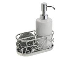 InterDesign Twigz Dispenser sapone liquido con porta spugne | Dispenser sapone design con capienza fino a 385 ml | Paglietta per le pentole inclusa | Metallo argento/bianco