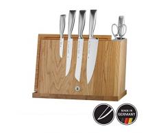 WMF, Blocco coltelli dotato di 8 pezzi âGrand Gourmetâ, doppio coltello seghettato Made in Germany manici forgiati in acciaio, speciale lama in acciaio inox, blocco magnetico, supporto in legno di quercia, acciaio inox, 6-pezzi