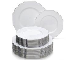 SERVIZIO DA TAVOLA MONOUSO PER FESTE 40 PZ | 20 Piatti Normali | 20 Piattini da Insalata/Dessert | Stile Porcellana Fine ed Elegante | per Cene e Matrimoni Raffinati (Barocco - Bianco)
