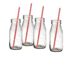 Simplicity Set da 4 Retro Bottiglie Latte con Cannucce