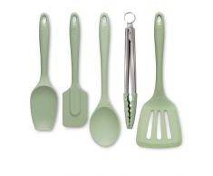 Zeal JSET45G - Pinze da cucina antiaderenti in silicone, spatola e cucchiaio, set da 5 pezzi, colore: verde salvia