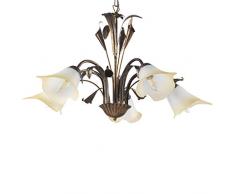 ONLI - Lampadario 5 luci in metallo marrone spennellato oro con vetri bianchi sfumati ambra