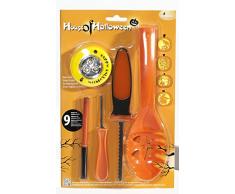 Brauns-Heitmann 7008 - Set per intagliare zucche, 14 Pezzi, Composto da: Cucchiaio, 2 coltelli, Penna, Luce a LED e 9 Modelli di Intaglio, Colore: Verde/Arancione