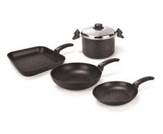Moneta Etnea Batteria Smart Set da 5 Pezzi, Padella 24 cm, Wok 28 cm, Bistecchiera 28 x 28 cm, Pastaiola 22 cm con Coperchio