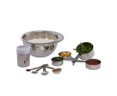 Relaxdays, Argento Set Accessori Cucina 10 pz, Misurini, Ciotola con Indicatori, Spargi Zucchero a Velo & Cacao, Bianco, Acciaio Inox, plastica, 9,5 x 22 x 22 cm