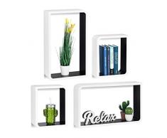 Relaxdays 10021891_362 Set 4 Mensole da Parete Rettangolari, Cubi in Design Moderno, per Libri, DVD e Decorazioni, Bianco-Nero